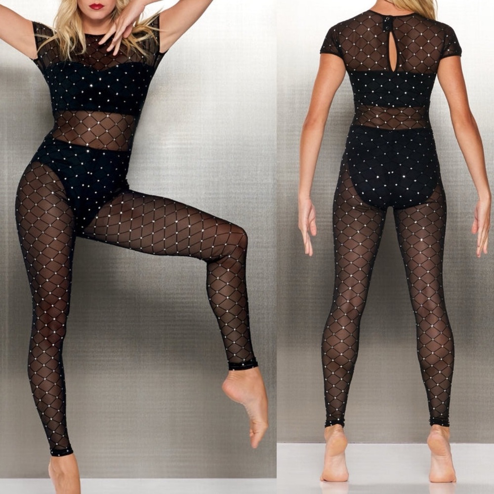 Kelle dance costume black unitard jumpsuit mesh diamond PLOT TWIST 6188 LA adult